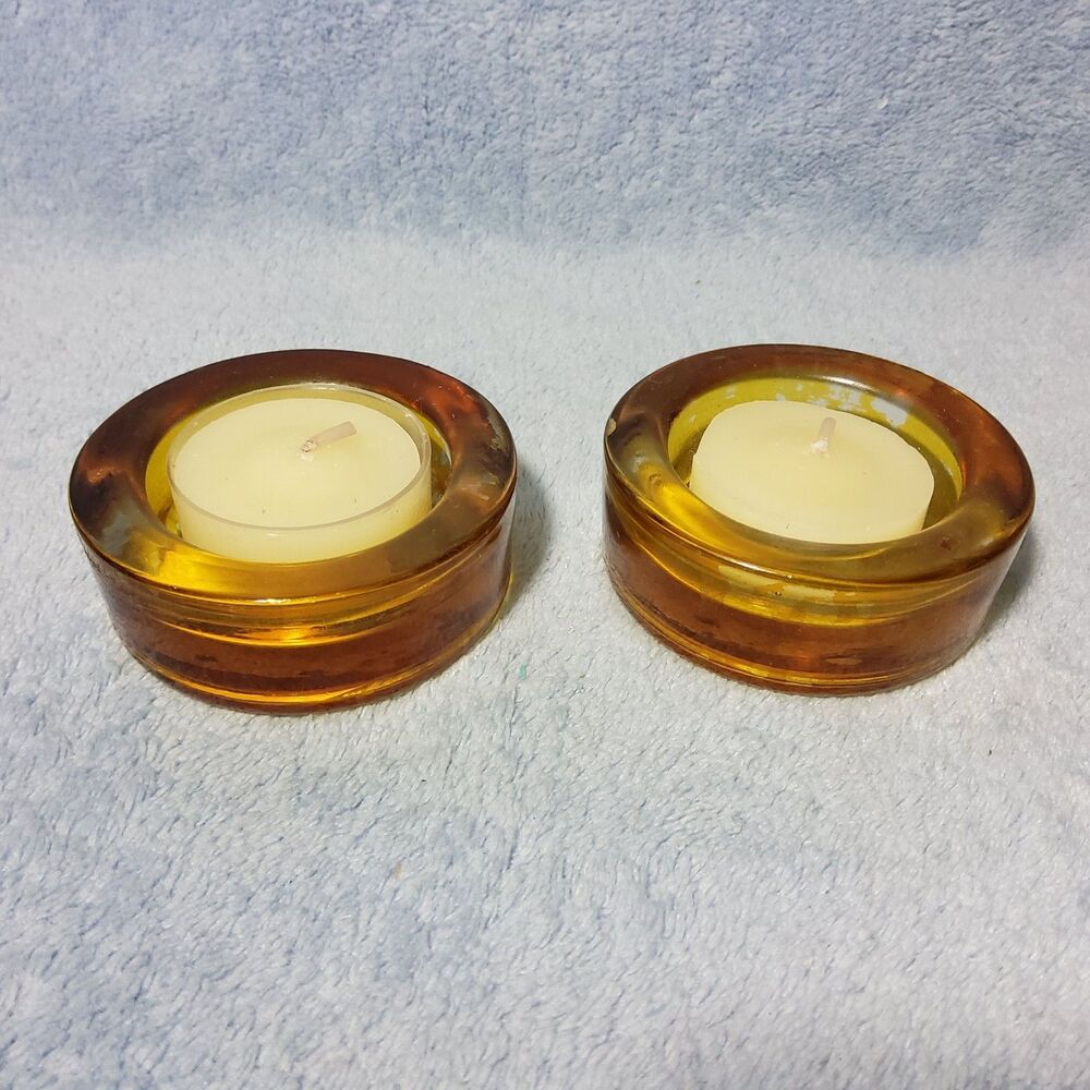 Set Of 2 Amber Glass Tealight Candle Holders Michaels Heavy Thick Round Votive
